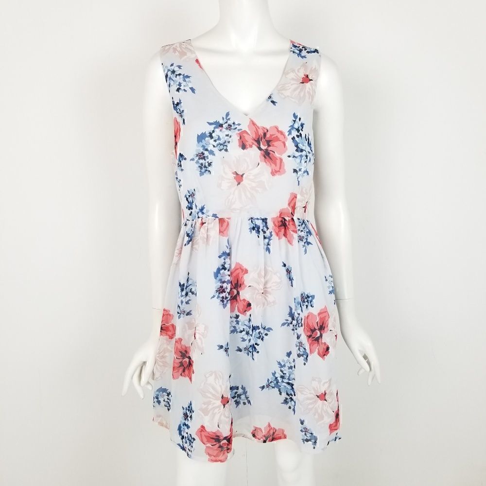 JACK Womens Size 10 Blue & Red Floral V Neck Sleeveless Fit & Flare Dress
